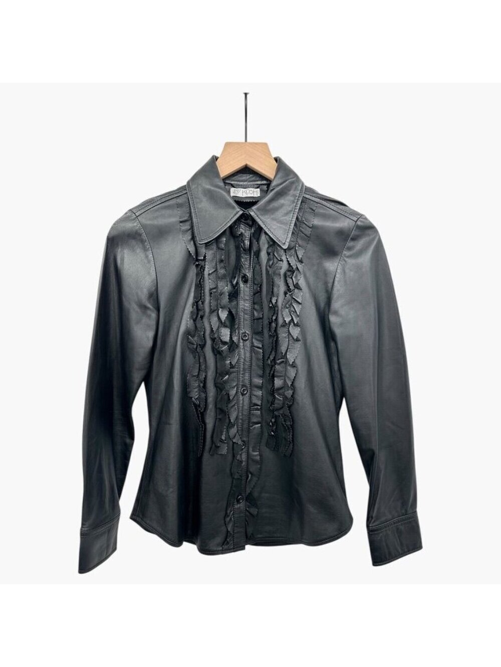 Vintage Tuxido Black Genuine Leather Ruffled Button-Up Shirt XS